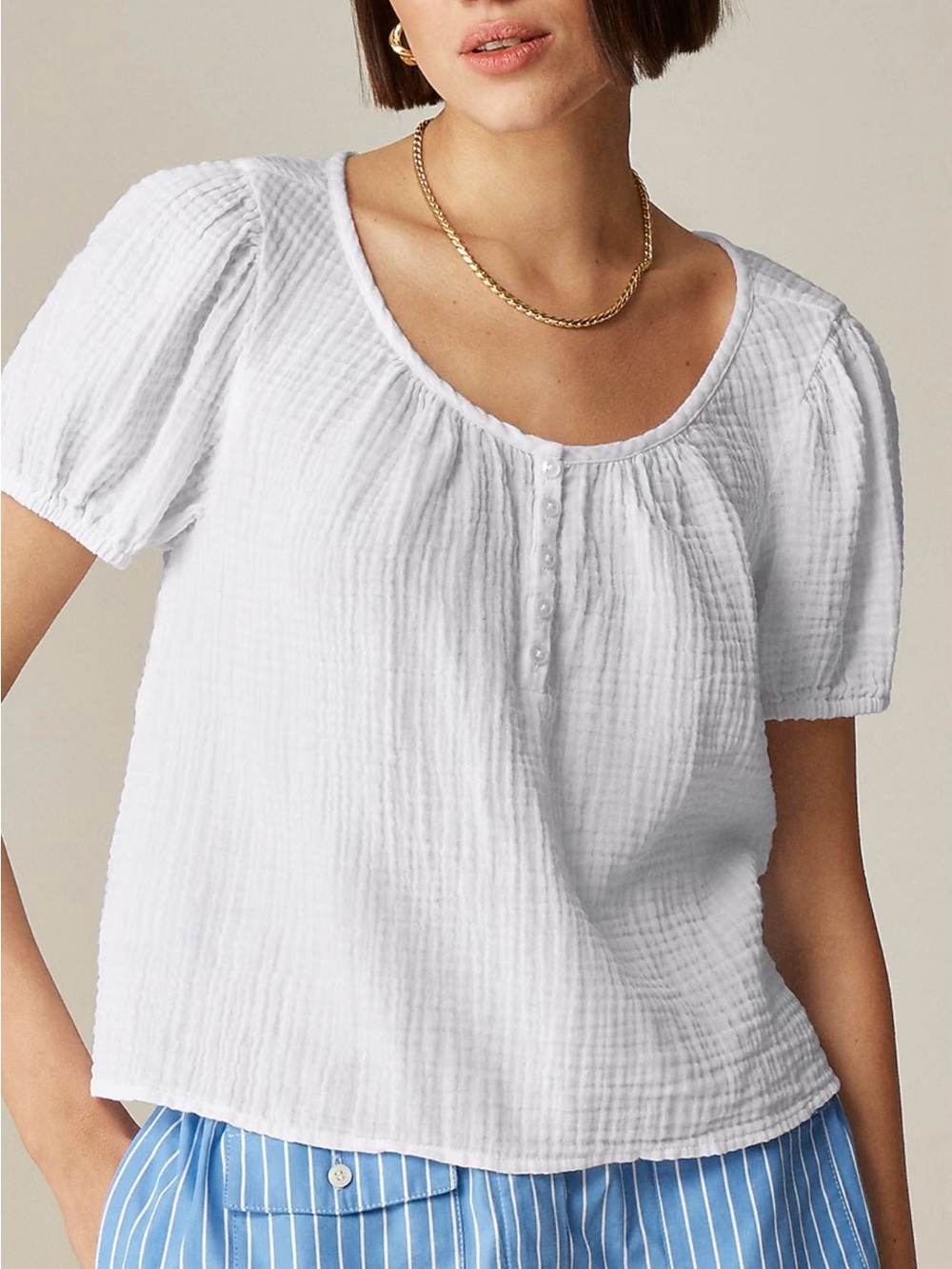J.Crew Cotton Gauze Henley Puff Sleeve Top White Size Medium